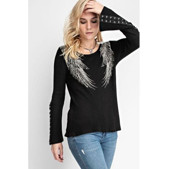 Vocal Tops - Vocal Apparel Women’s Large Angel Wings Waffle Knit Shirt Rhinestone Grunge Y2K